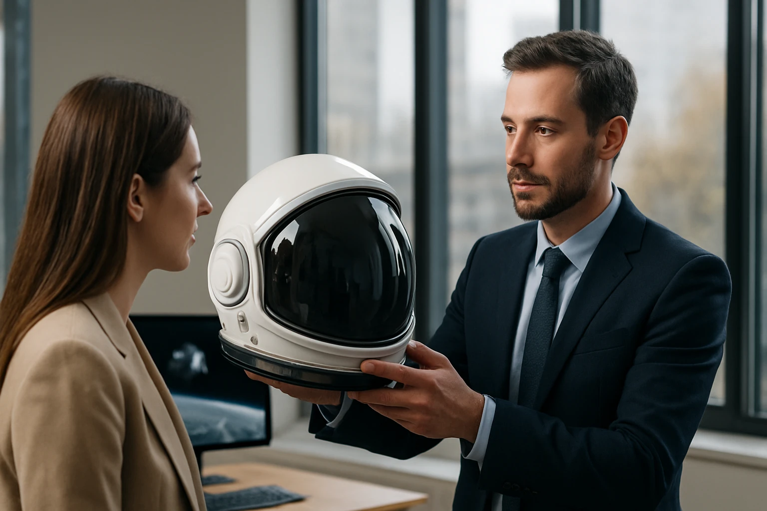 Ein Mann in Anzug hält einen Astronautenhelm vor einer Frau in einem Büro.