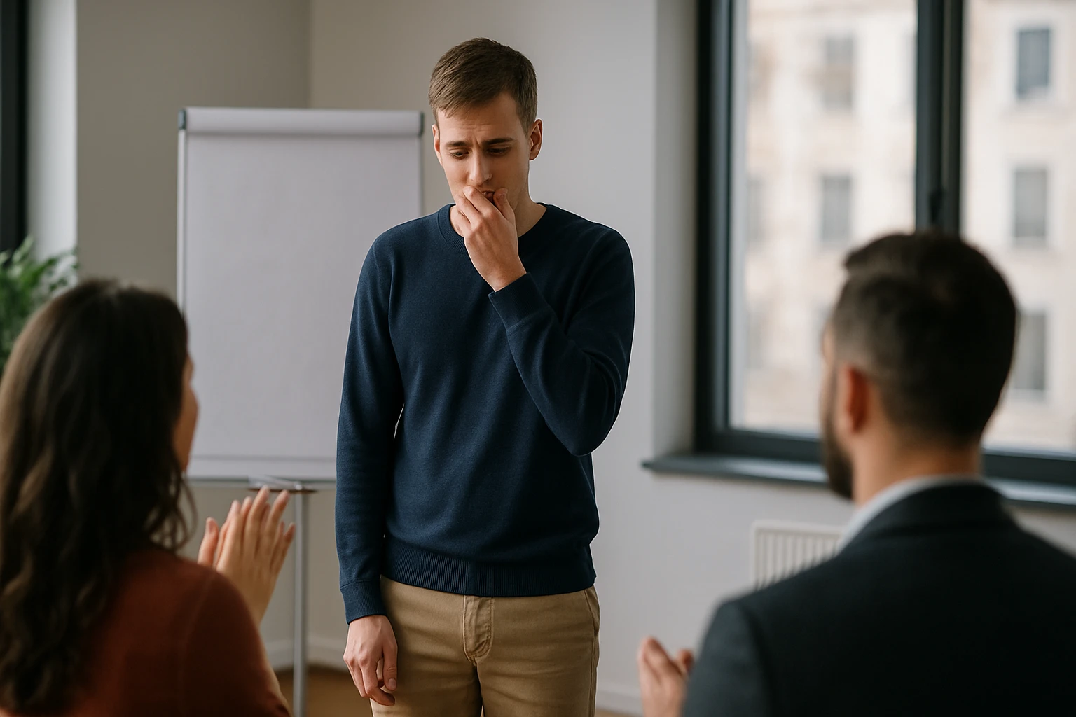 Ein Mann in Anzug hält einen Astronautenhelm vor einer Frau.