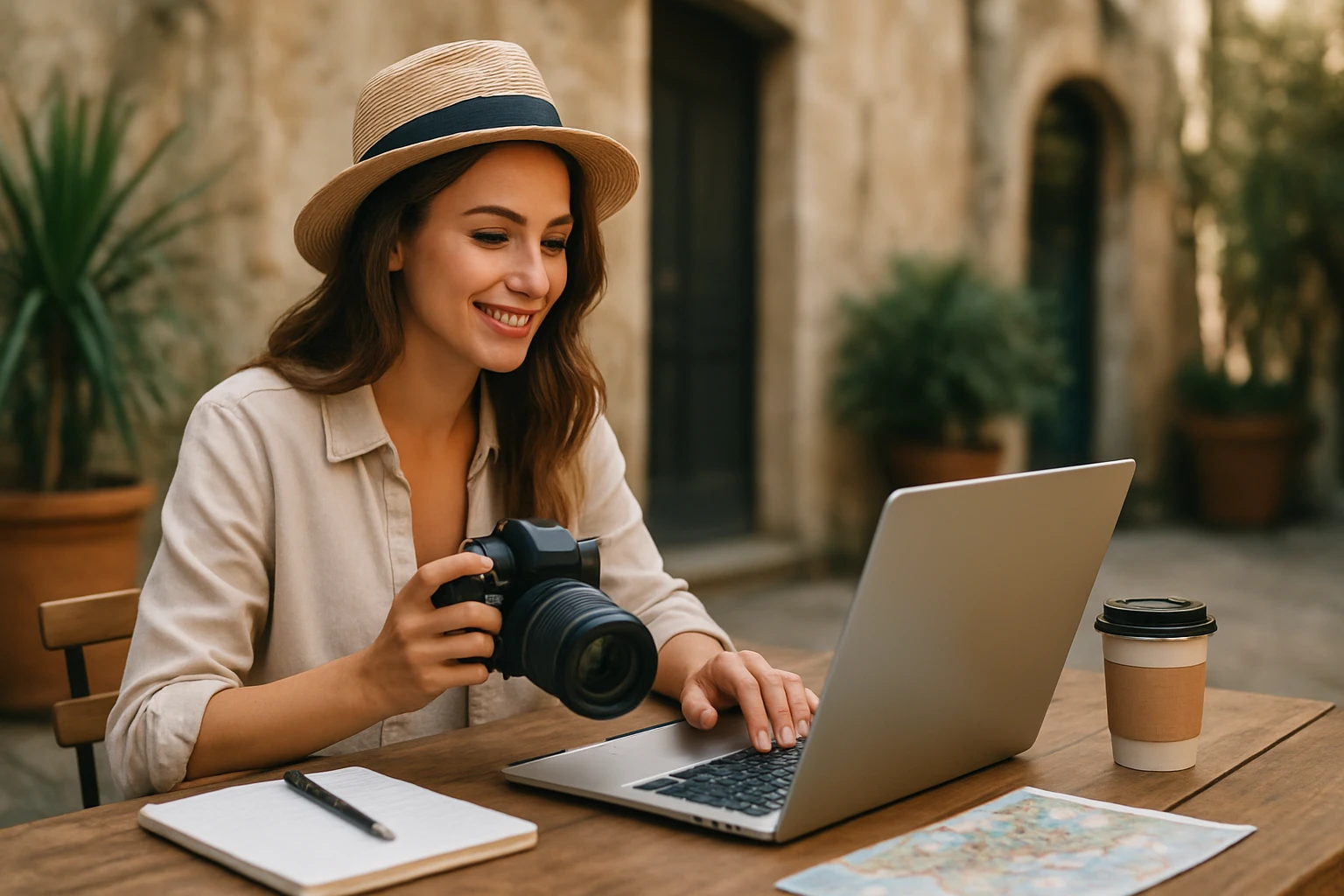 Ein Mann in Anzug hält einen Astronautenhelm vor einer Frau.