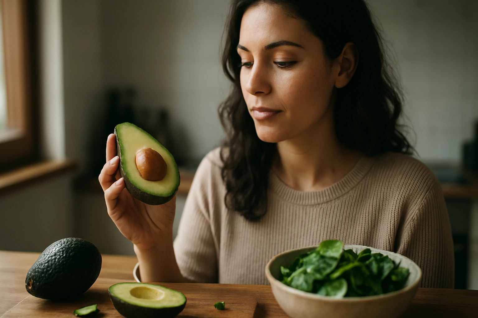 Eine Frau hält eine halbierte Avocado in der Hand, während sie nachdenklich schaut.