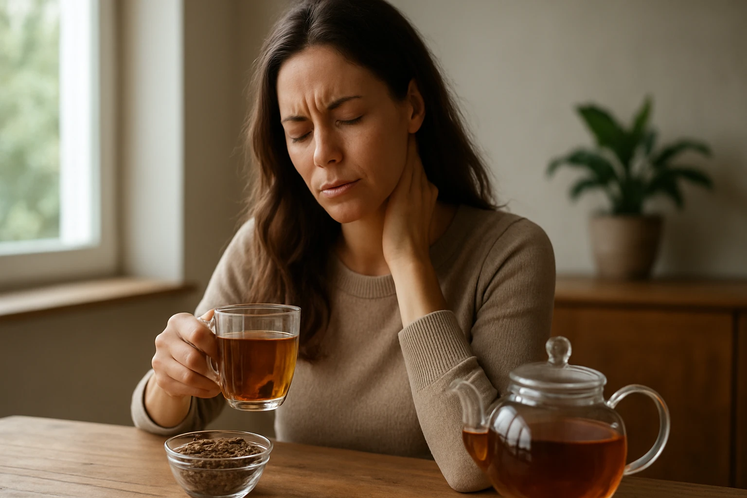 Eine Frau hält eine halbierte Avocado in der Hand und betrachtet sie.