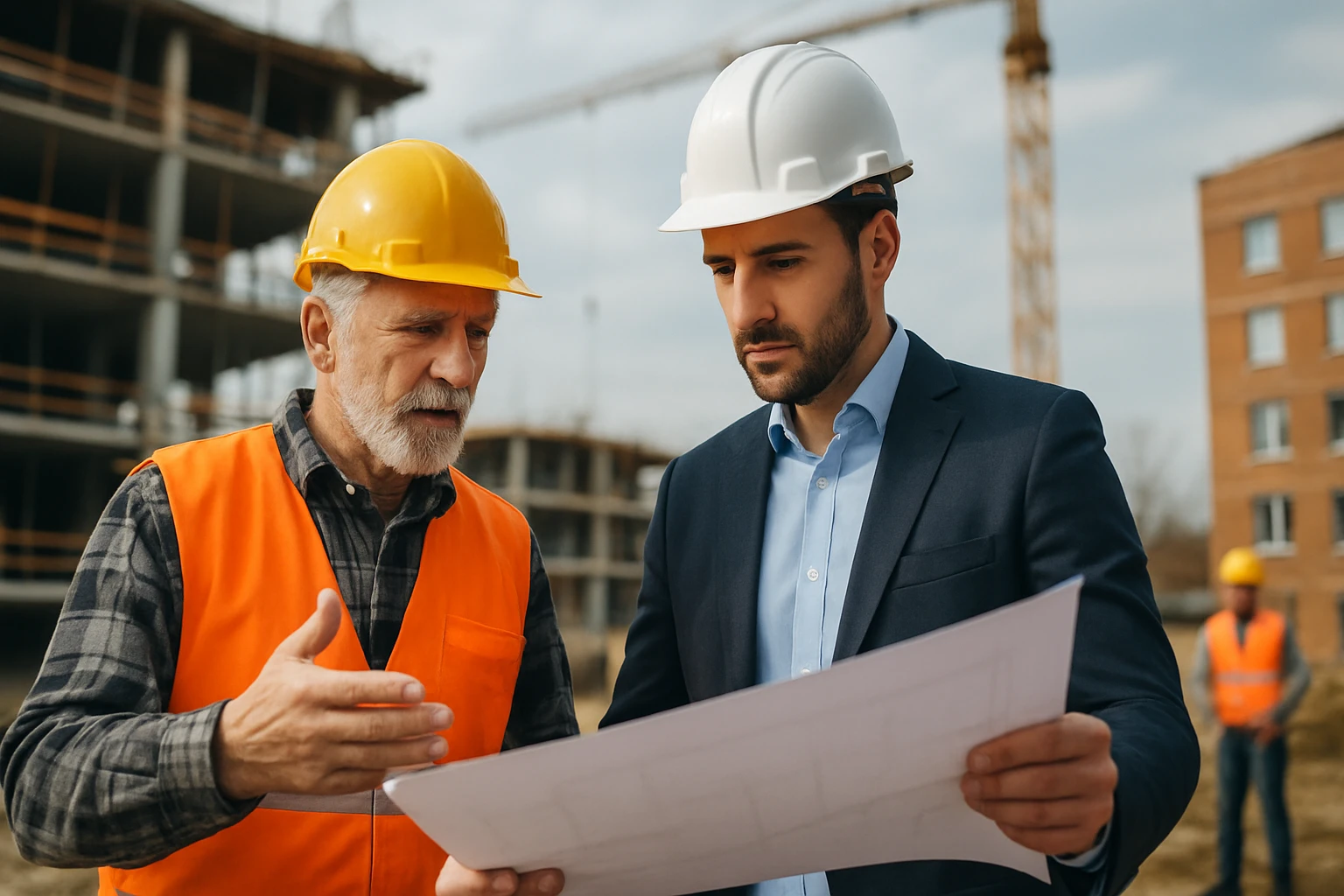 Zwei Männer, einer im Anzug und einer in Arbeitskleidung, betrachten Baupläne auf einer Baustelle.