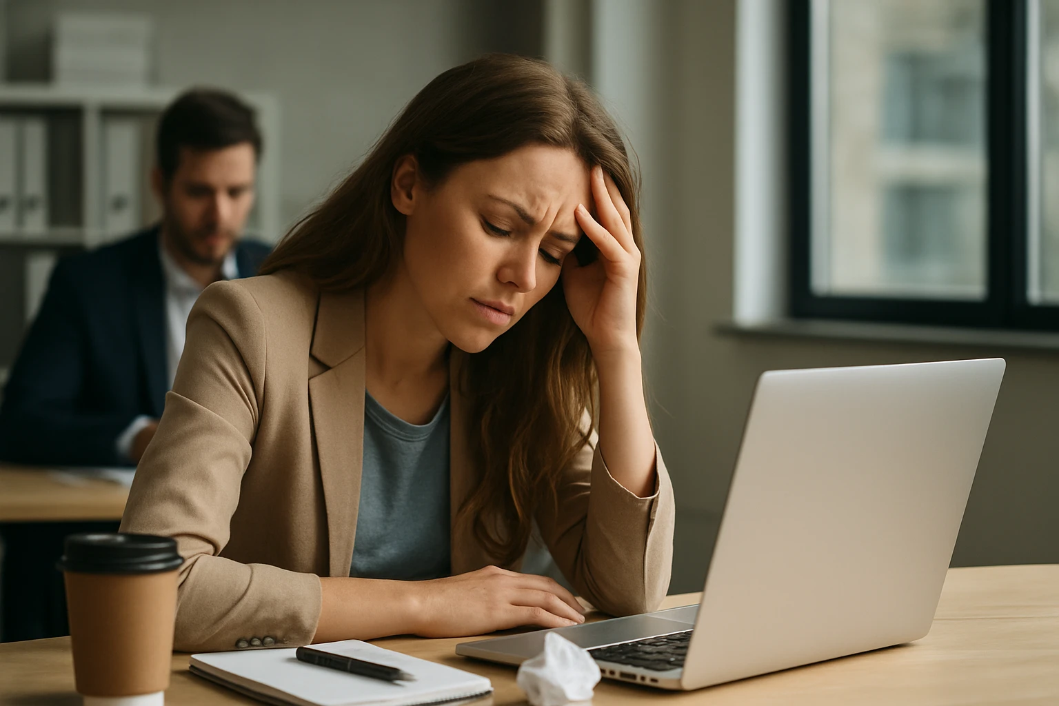 Ein Mann im Anzug spricht mit einer Frau in einem Büro, während sie auf einen Laptop mit Diagrammen schauen.
