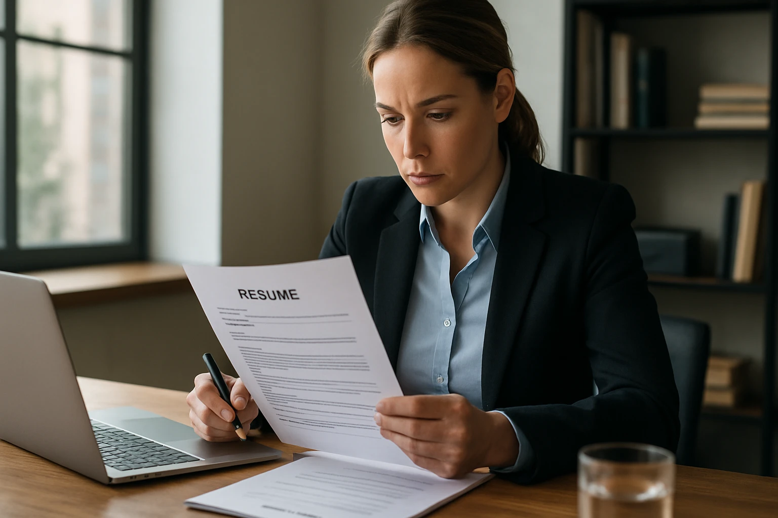 Ein Mann im Anzug sitzt an einem Tisch und spricht mit einer Frau, während ein Laptop mit Diagrammen im Hintergrund steht.
