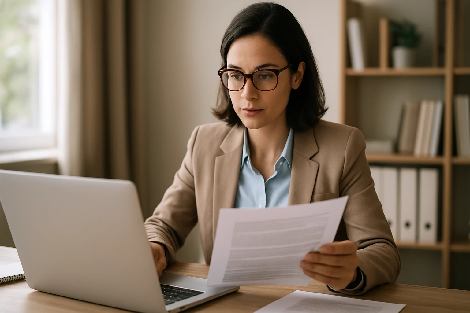 Ein Mann in Anzug und Brille spricht mit einer Frau in einem Büro.