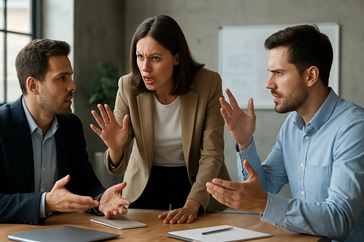 Ein Mann im Anzug spricht mit einer Frau in einem Büro, während sie auf einen Laptop mit Diagrammen schauen.