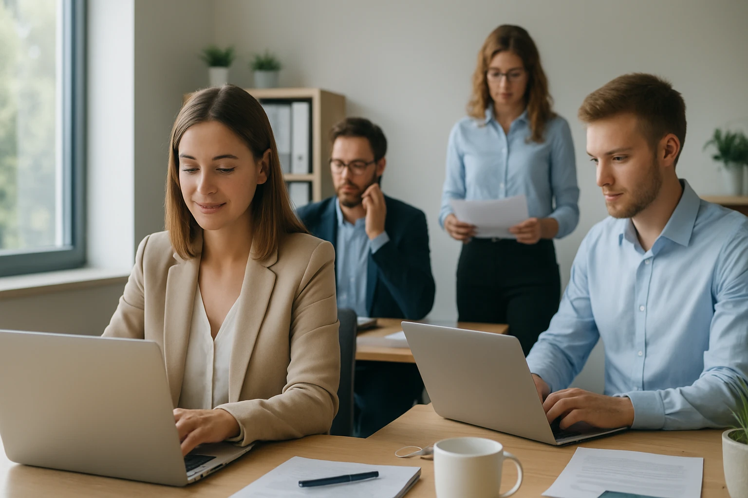 Ein Mann und eine Frau führen ein Gespräch in einem modernen Büro, während sie auf einen Laptop mit Diagrammen schauen.
