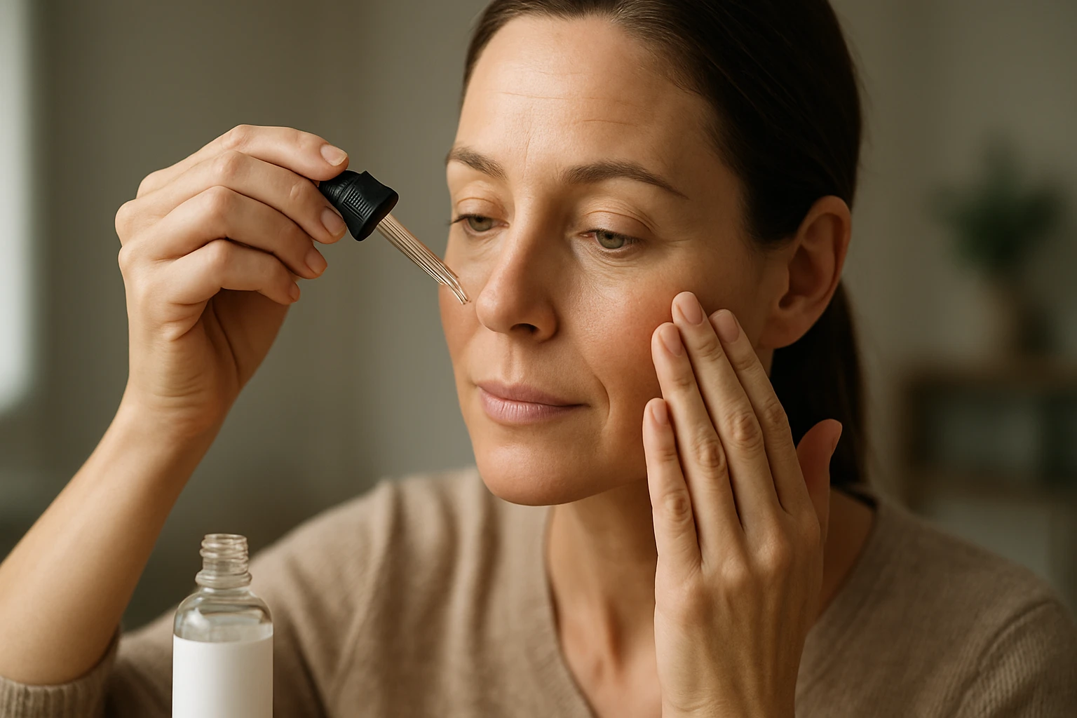 Ein Mann im Anzug spricht mit einer Frau in einem Büro, während sie auf einen Laptop mit Diagrammen schauen.