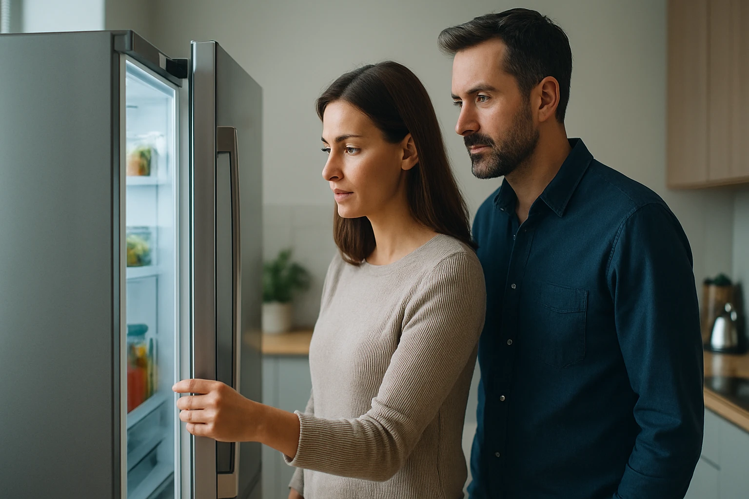 Ein Mann im Anzug spricht mit einer Frau in einem Büro, während sie auf einen Laptop mit Diagrammen schauen.