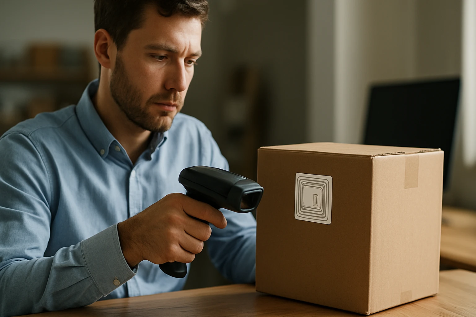 Ein Mann im Anzug spricht mit einer Frau in einem Büro, während sie auf einen Laptop mit Diagrammen schauen.