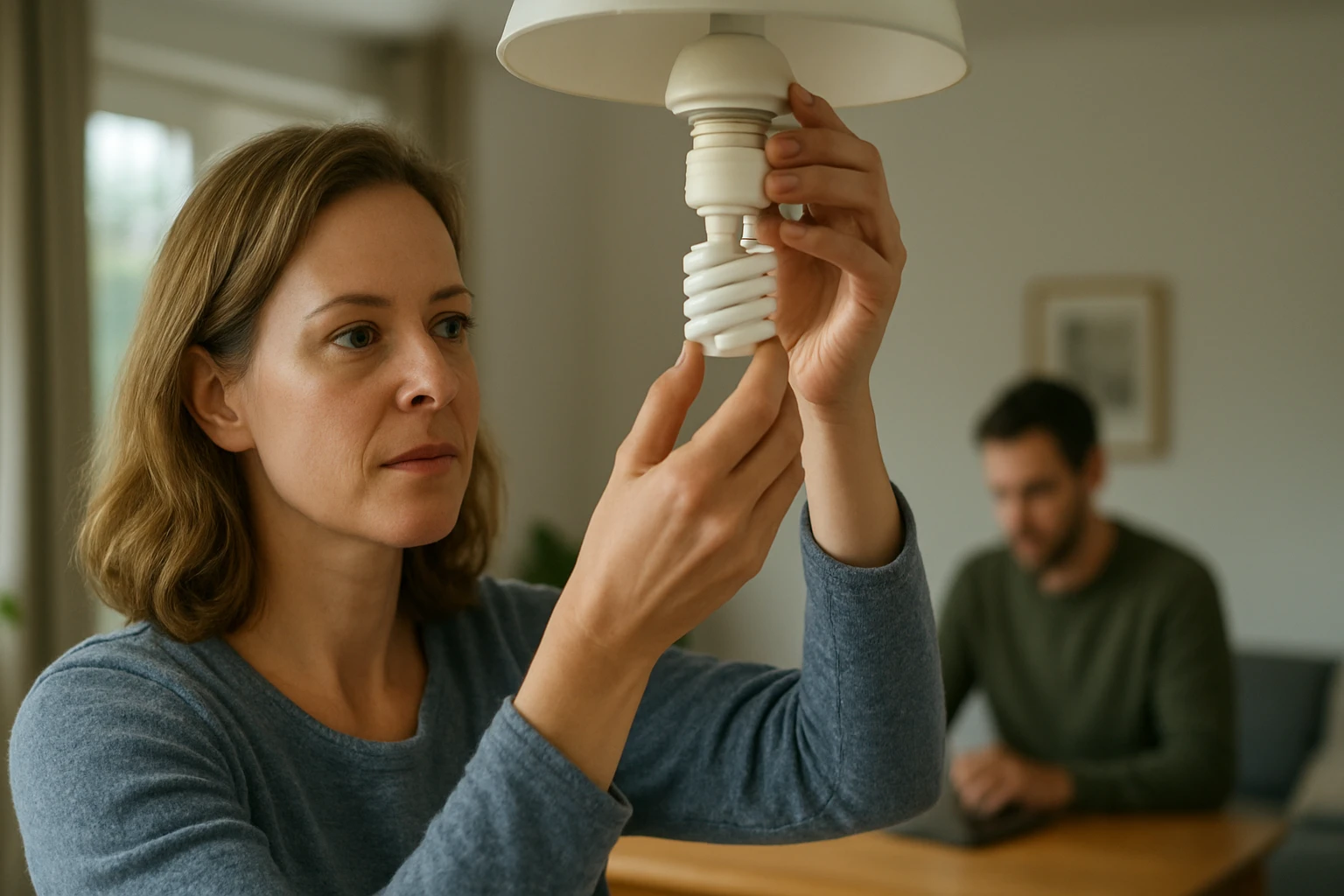 Ein Mann im Anzug spricht mit einer Frau in einem Büro, während sie auf einen Laptop schauen.