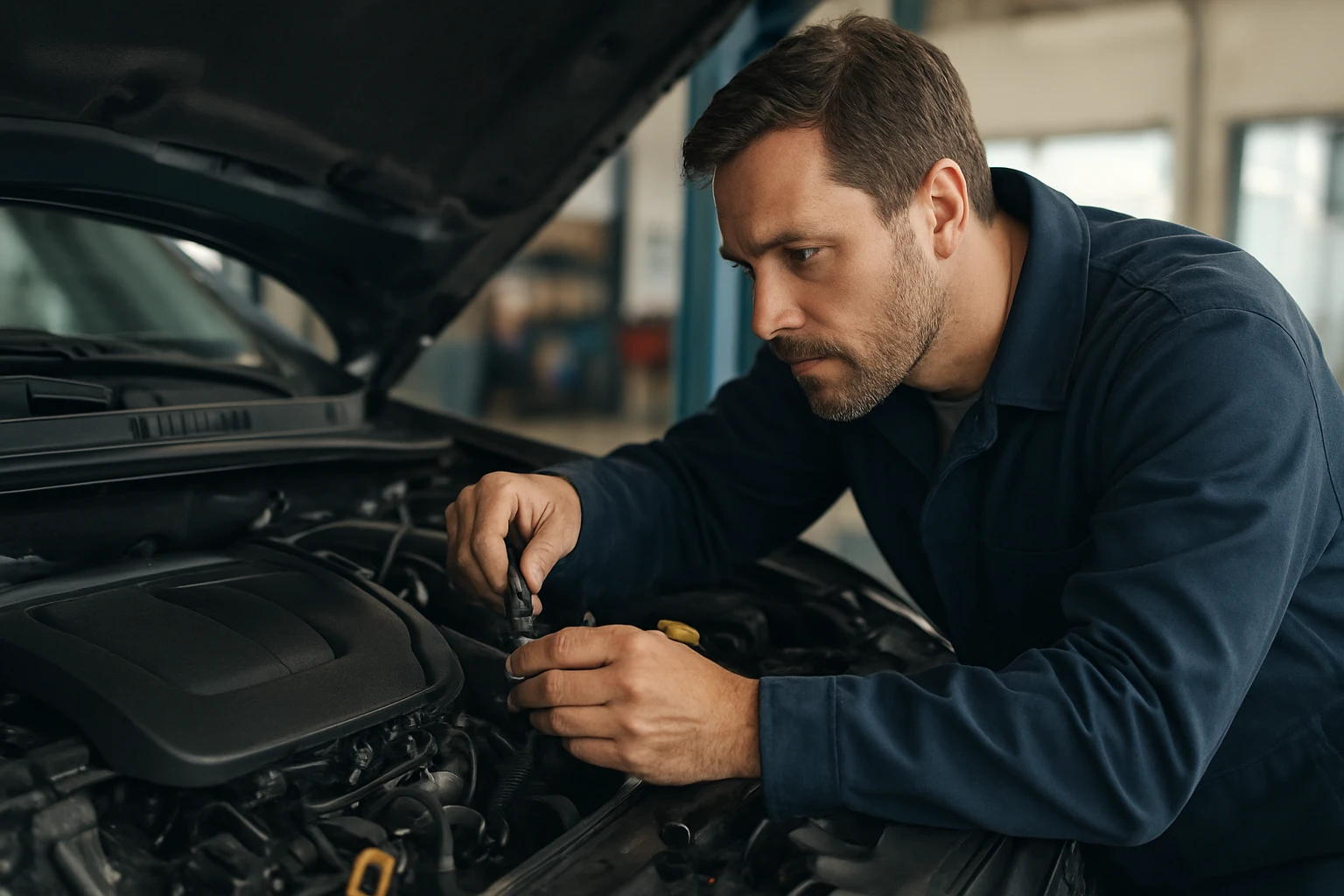 Ein Mann im Anzug spricht mit einer Frau in einem Büro, während sie auf einen Laptop schauen.