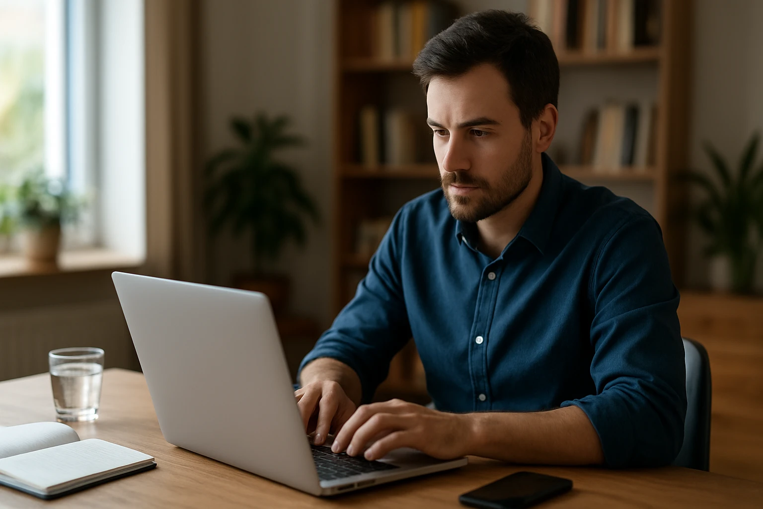 Ein Mann im Anzug spricht mit einer Frau in einem Büro, während sie auf einen Laptop schauen.