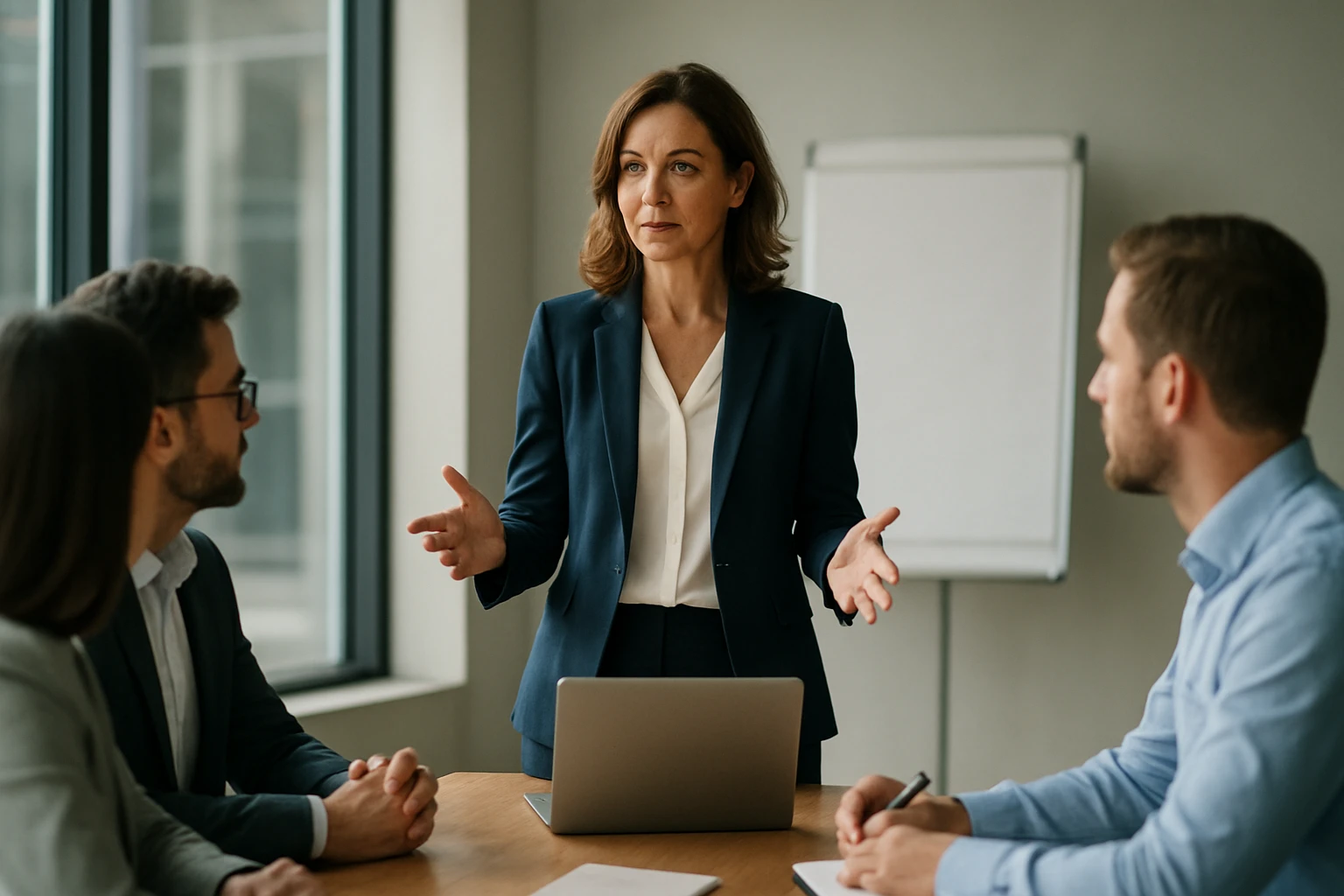 Ein Mann in einem Anzug spricht mit einer Frau in einem Büro, während sie auf einen Laptop mit Diagrammen schauen.
