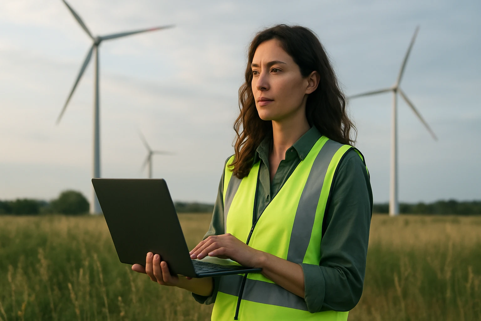 Ein Mann und eine Frau führen ein Gespräch in einem modernen Büro, während sie auf einen Laptop mit Diagrammen schauen.