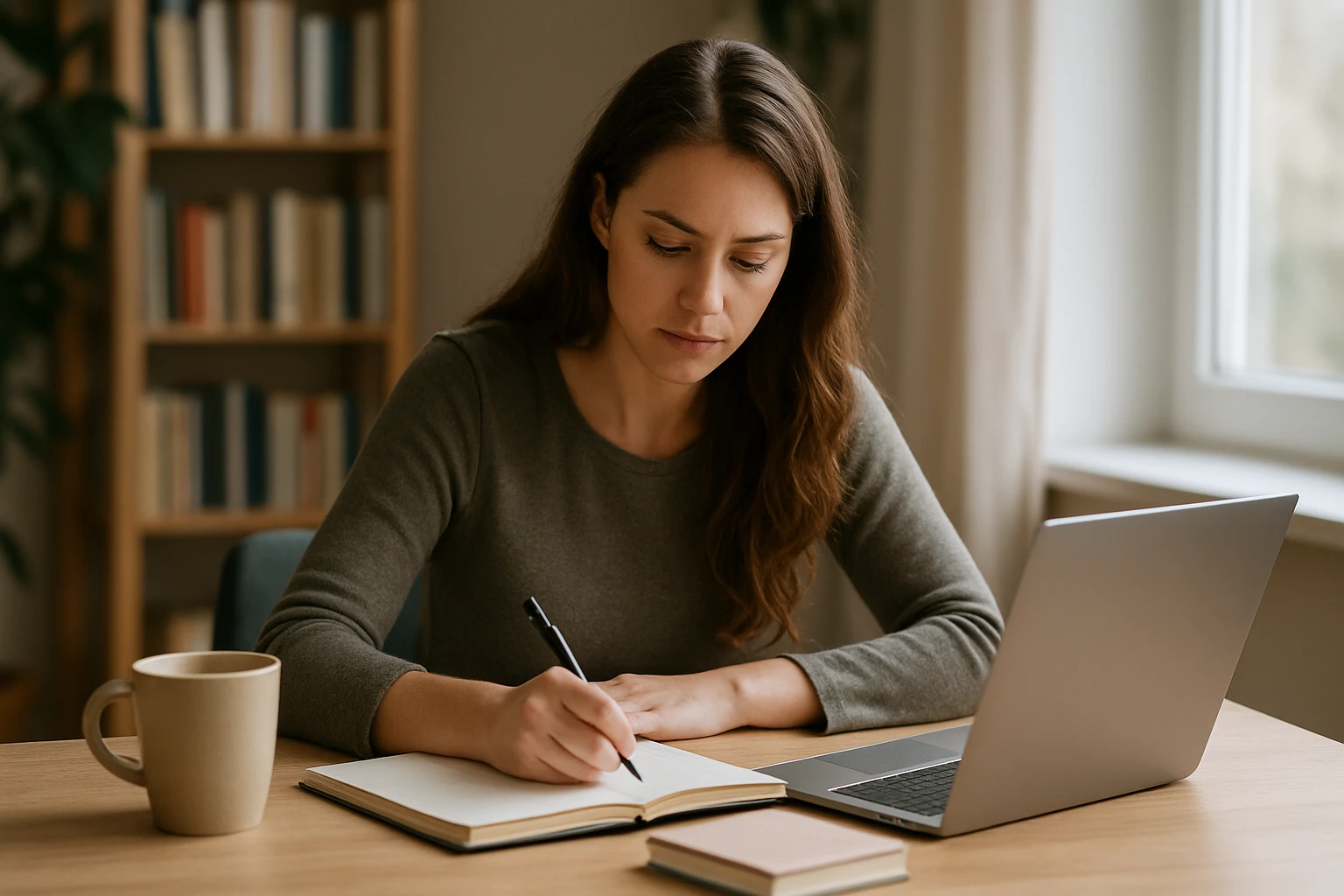 Ein Mann im Anzug spricht mit einer Frau in einem Büro, während sie auf einen Laptop mit Diagrammen schauen.