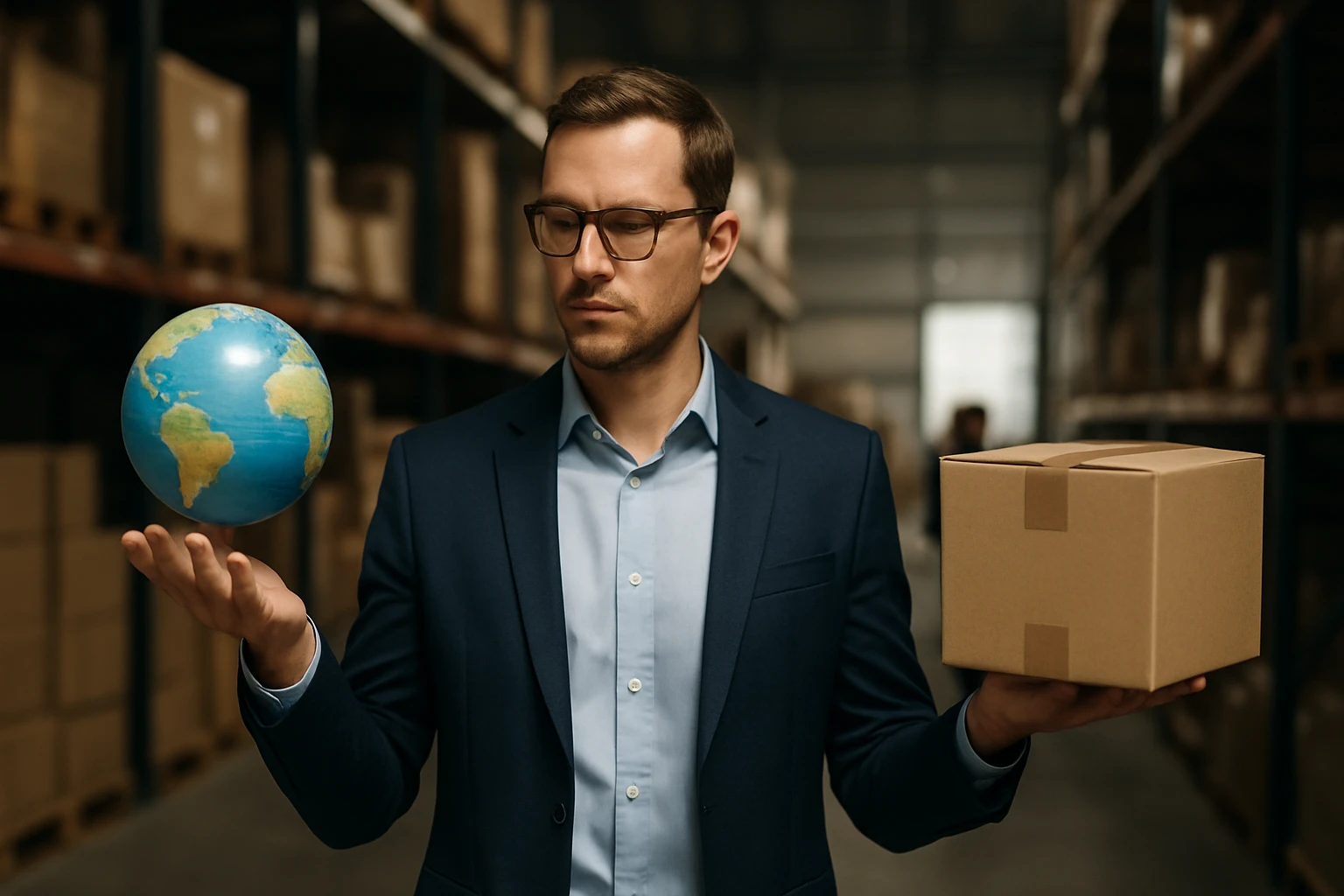 Ein Mann im Anzug spricht mit einer Frau in einem Büro, während sie auf einen Laptop schaut.