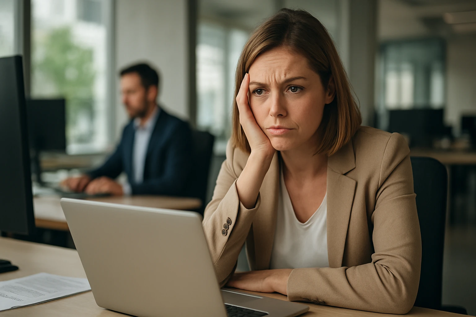 Zwei Fachleute diskutieren über digitale Technologien in einem modernen Büro.