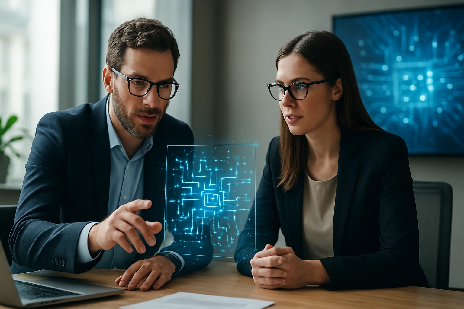 Zwei Fachleute diskutieren über digitale Technologie mit holografischen Elementen.