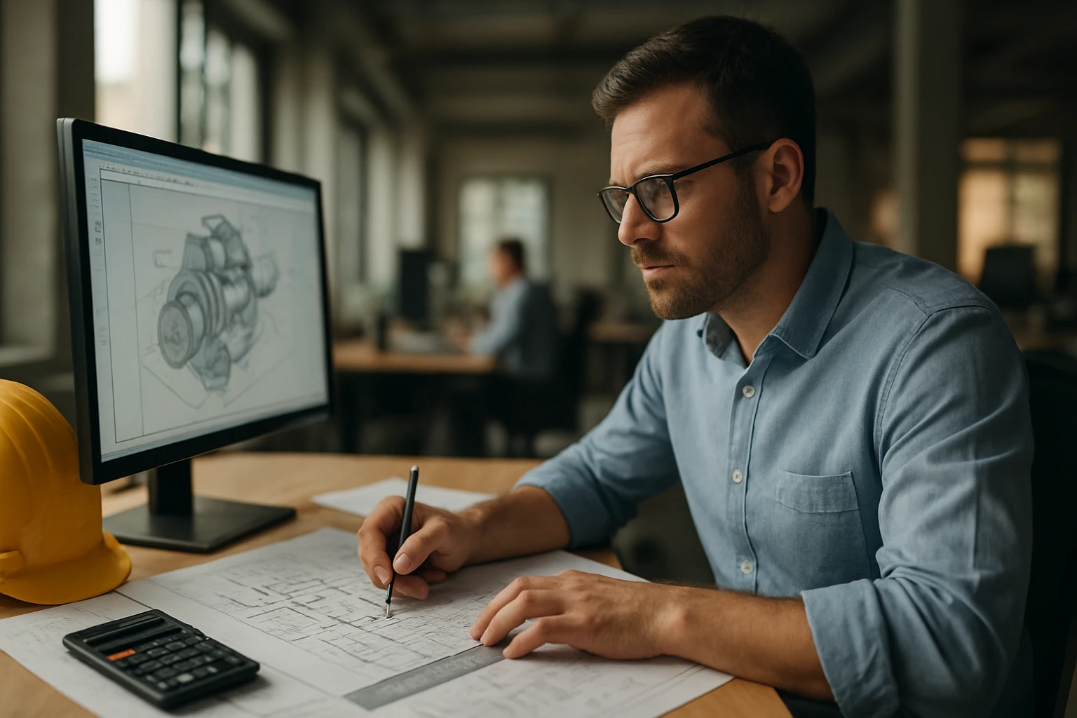 Eine Frau in einem Anzug geht energisch eine Treppe hinauf, während ein Mann am Tisch sitzt.