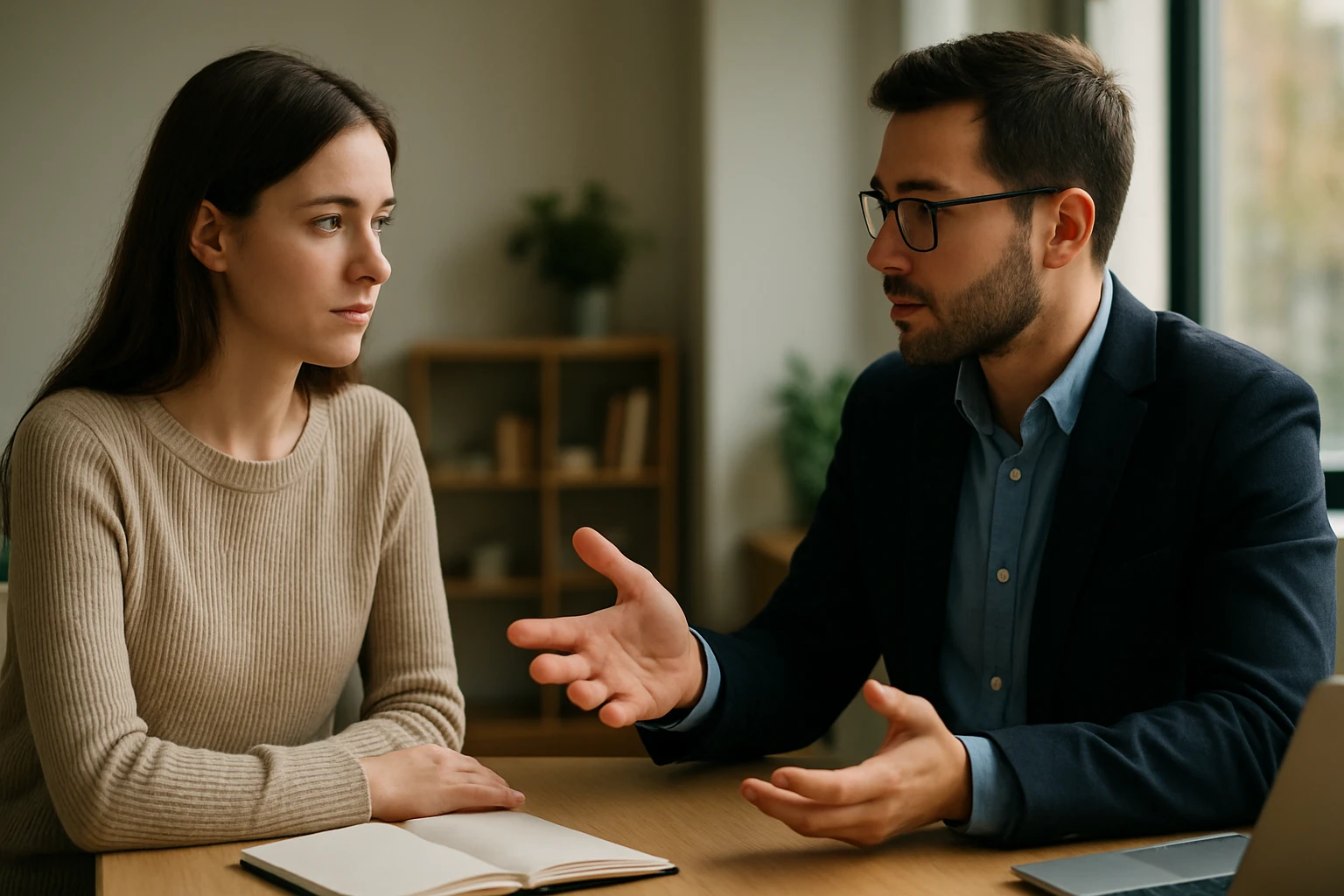 Eine Frau in einem Anzug geht energisch eine Treppe hinauf, während ein Mann am Tisch sitzt.