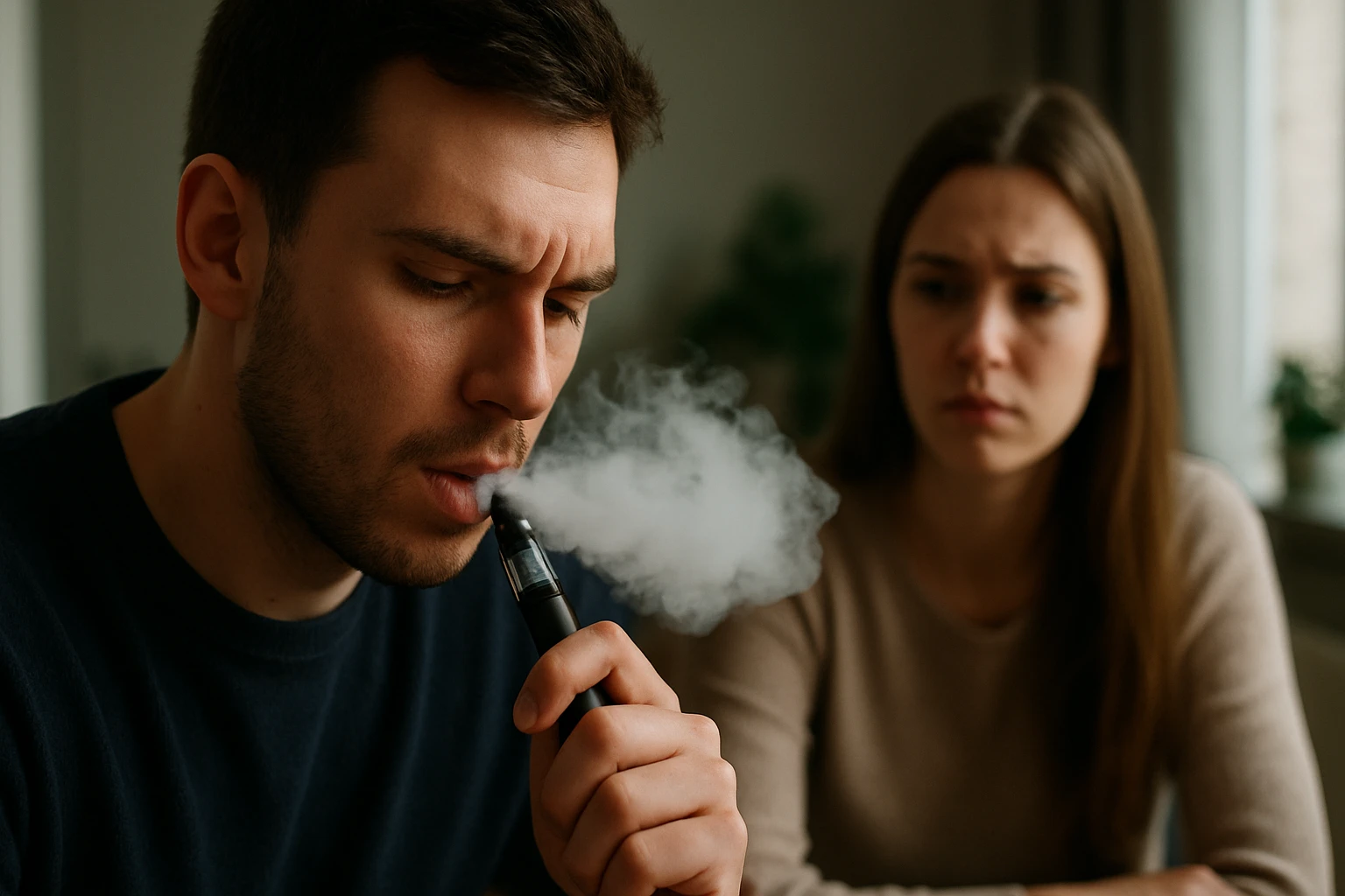 Eine Frau in einem Anzug geht energisch eine Treppe hinauf, während ein Mann am Tisch sitzt.