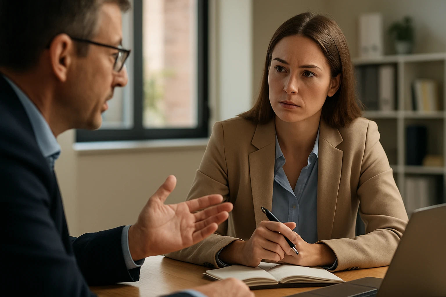 Ein Mann und eine Frau in einem Geschäftsgespräch, mit Diagrammen auf einem Laptop.