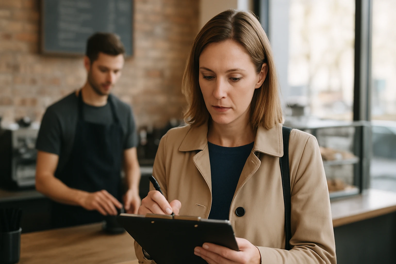 Ein Mann und eine Frau in einem Meeting, diskutieren über Geschäftszahlen.
