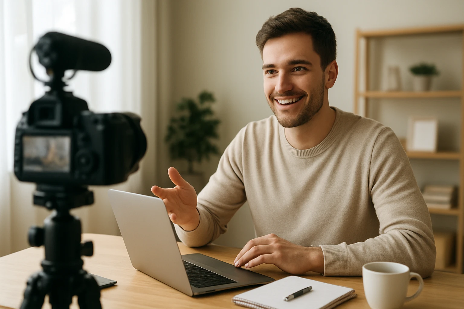 Ein lächelnder Mann spricht in ein Mikrofon, während er an einem Laptop arbeitet.
