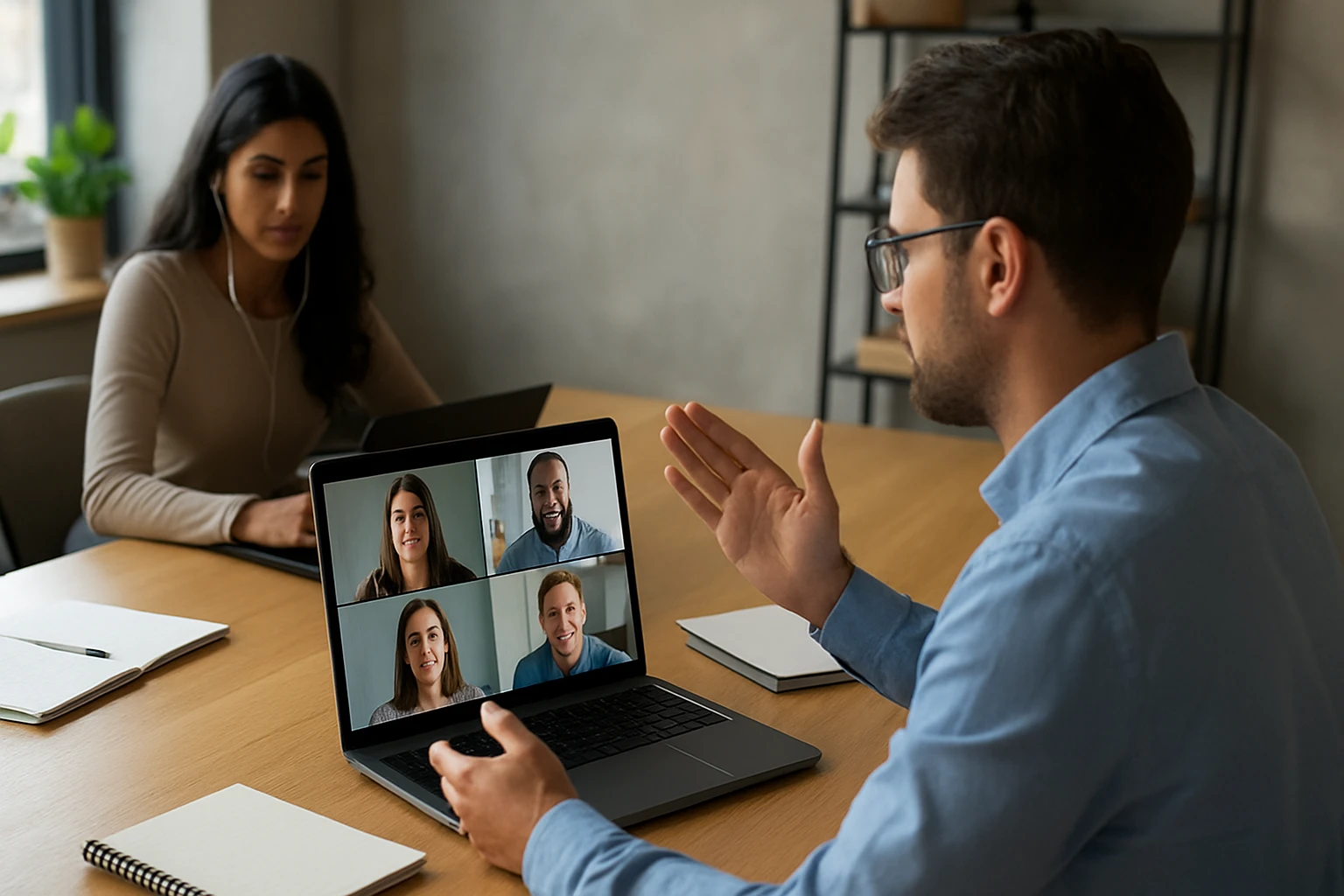 Ein Mann führt ein Online-Meeting mit mehreren Teilnehmern auf seinem Laptop.