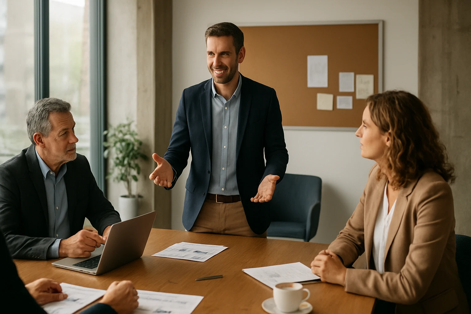 Ein Mann präsentiert in einem modernen Konferenzraum, während Kollegen zuhören.