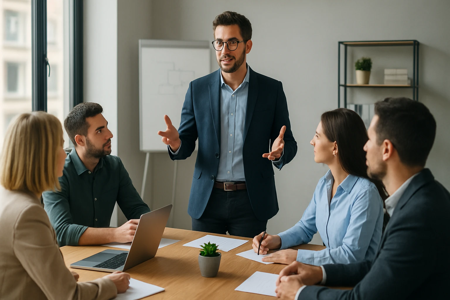 Ein Mann in einem Anzug präsentiert in einem modernen Besprechungsraum.