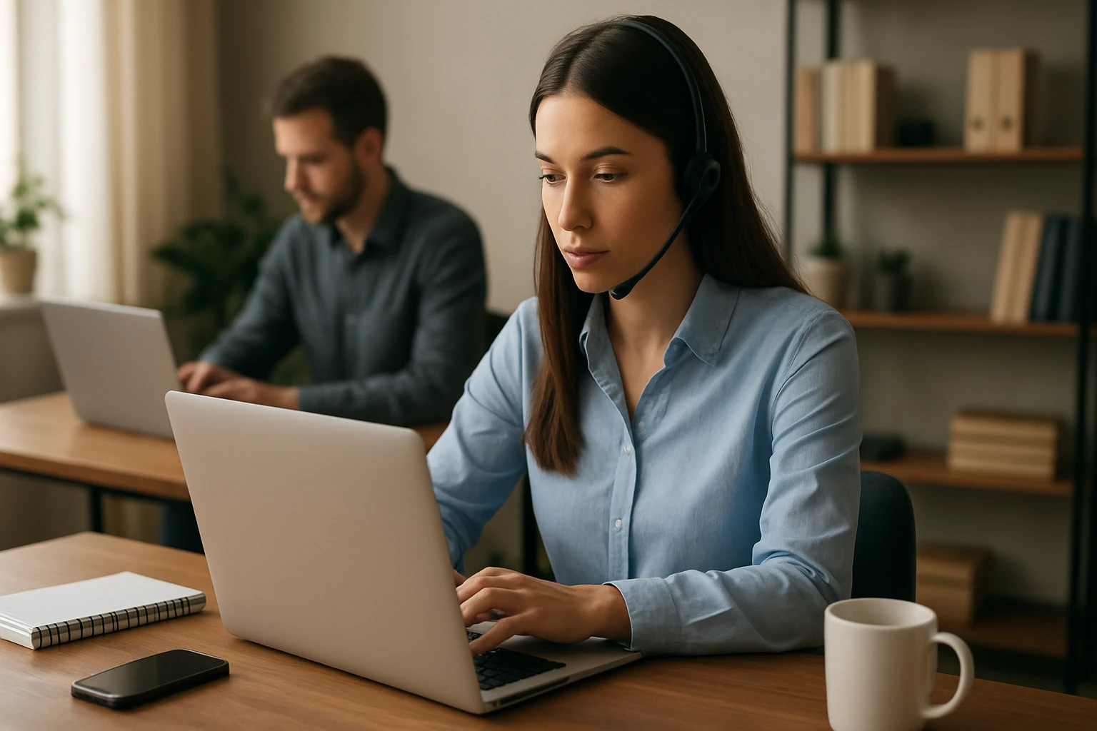 Eine Gruppe von vier Personen in einem modernen Besprechungsraum, die diskutieren.