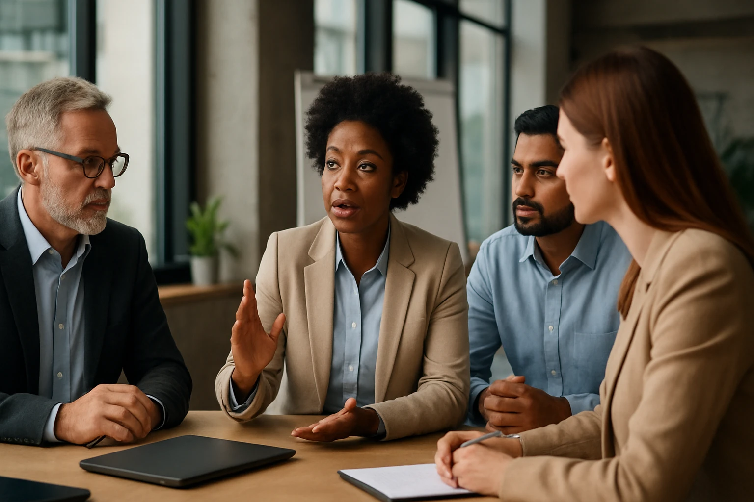 Eine Gruppe von vier Personen in einem modernen Besprechungsraum, die an einem Tisch sitzen und diskutieren.