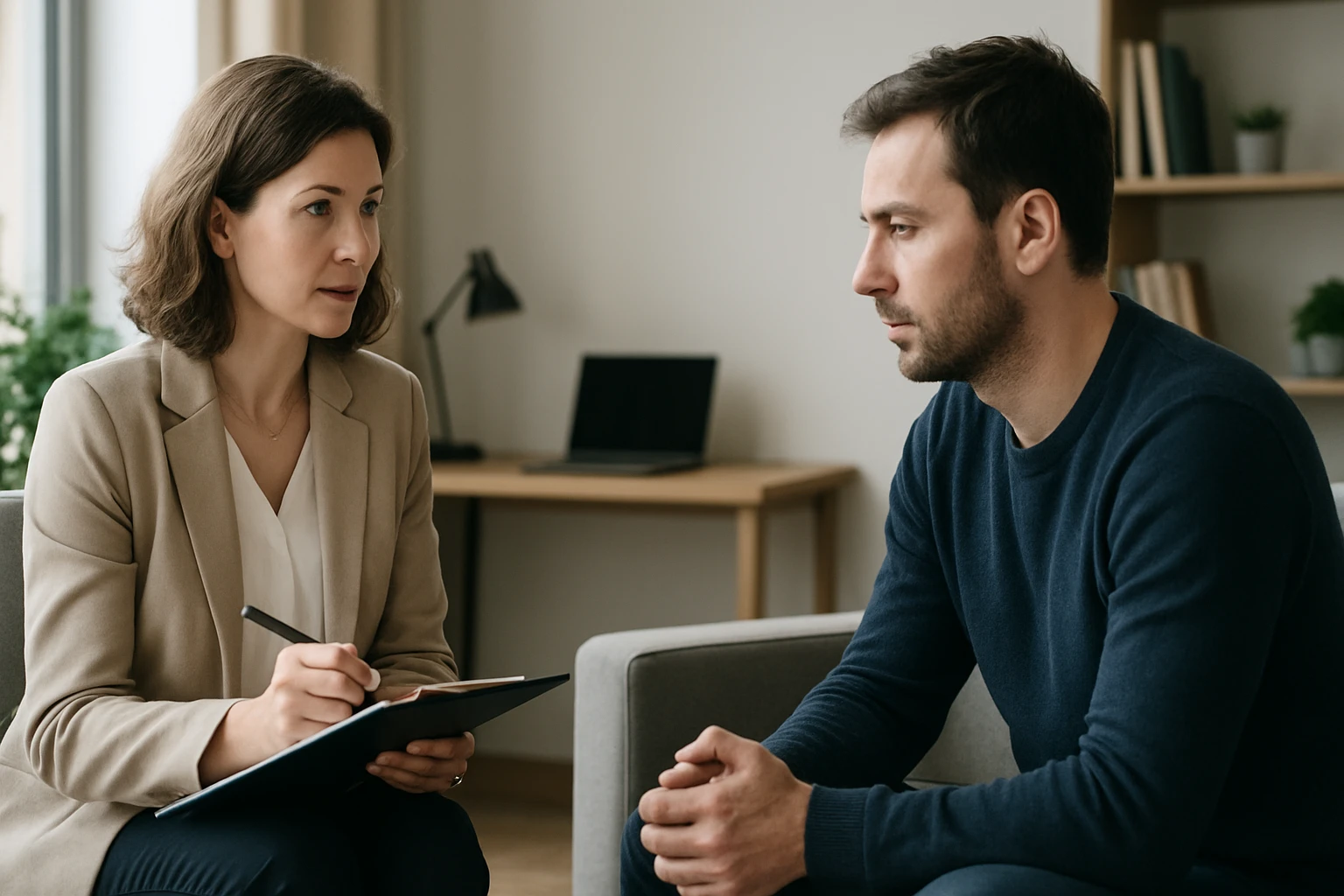 Eine Gruppe von vier Personen in einem Besprechungsraum, die diskutieren.