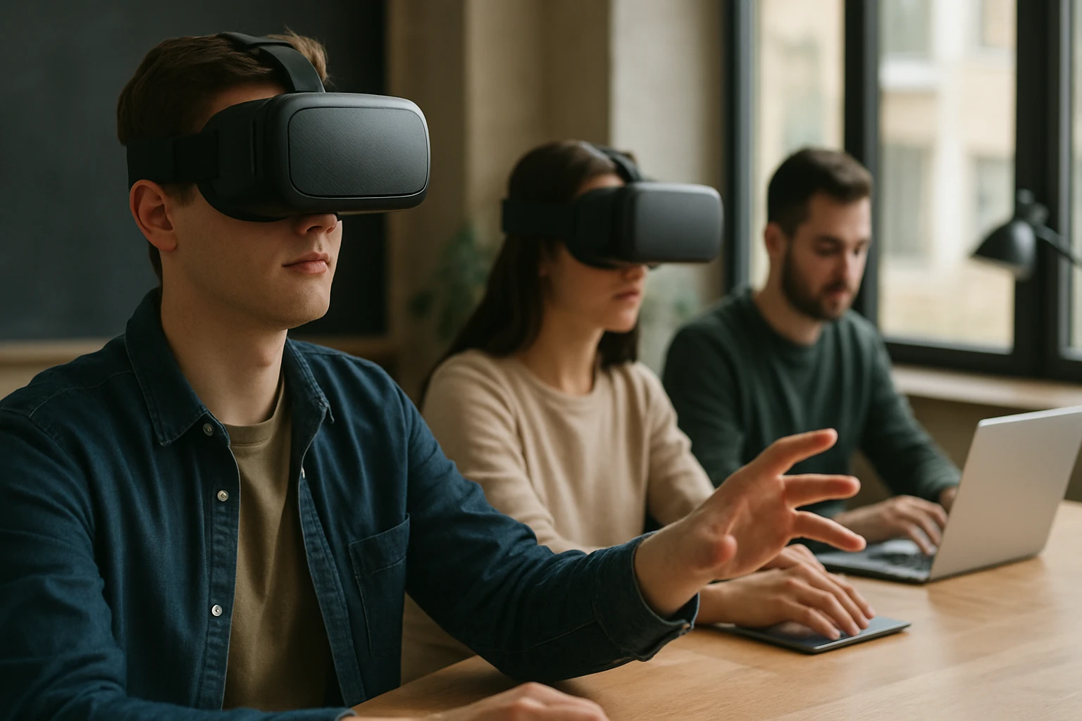 Eine Gruppe von vier Personen in einem Besprechungsraum, die an einem Tisch sitzen und diskutieren.