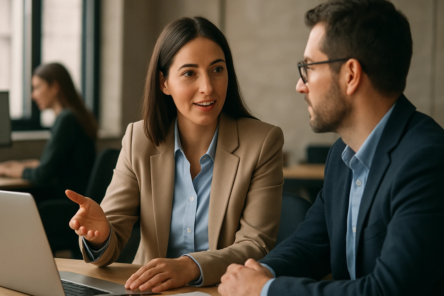 Eine Gruppe von vier Personen in einem modernen Meetingraum, die an einem Tisch sitzen und diskutieren.
