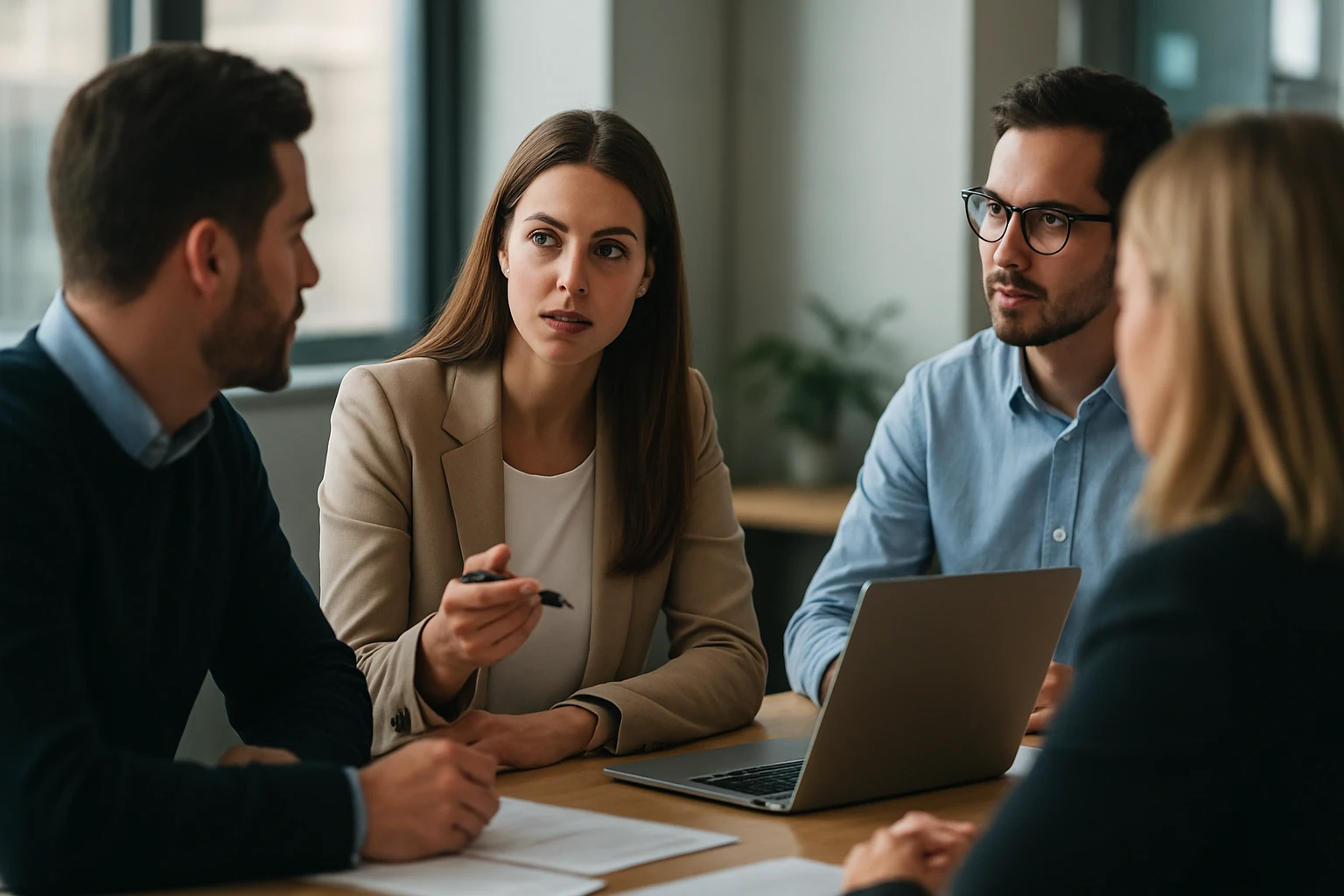 Eine Gruppe von vier Personen in einem Besprechungsraum, die an einem Tisch sitzen und diskutieren.