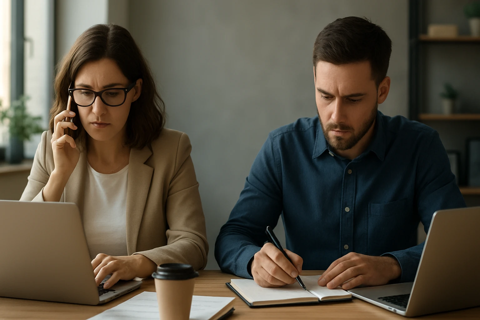 Eine Frau telefoniert und arbeitet am Laptop, während ein Mann Notizen macht.