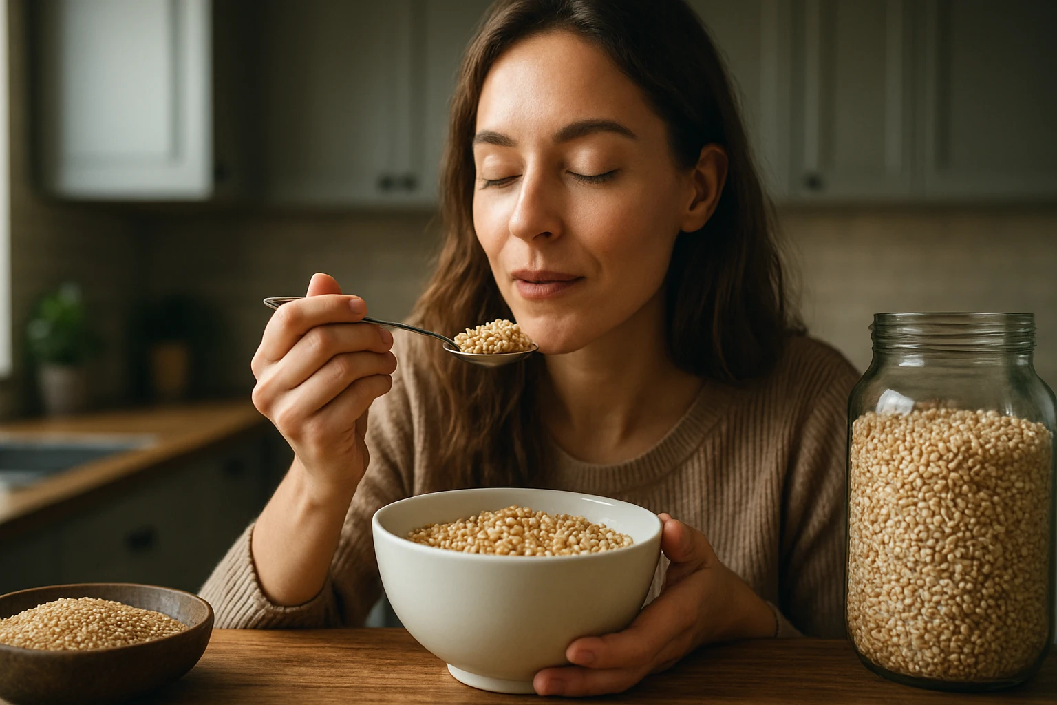 Eine Frau sitzt an einem Schreibtisch und notiert etwas in ein Notizbuch, während sie einen Computerbildschirm betrachtet.