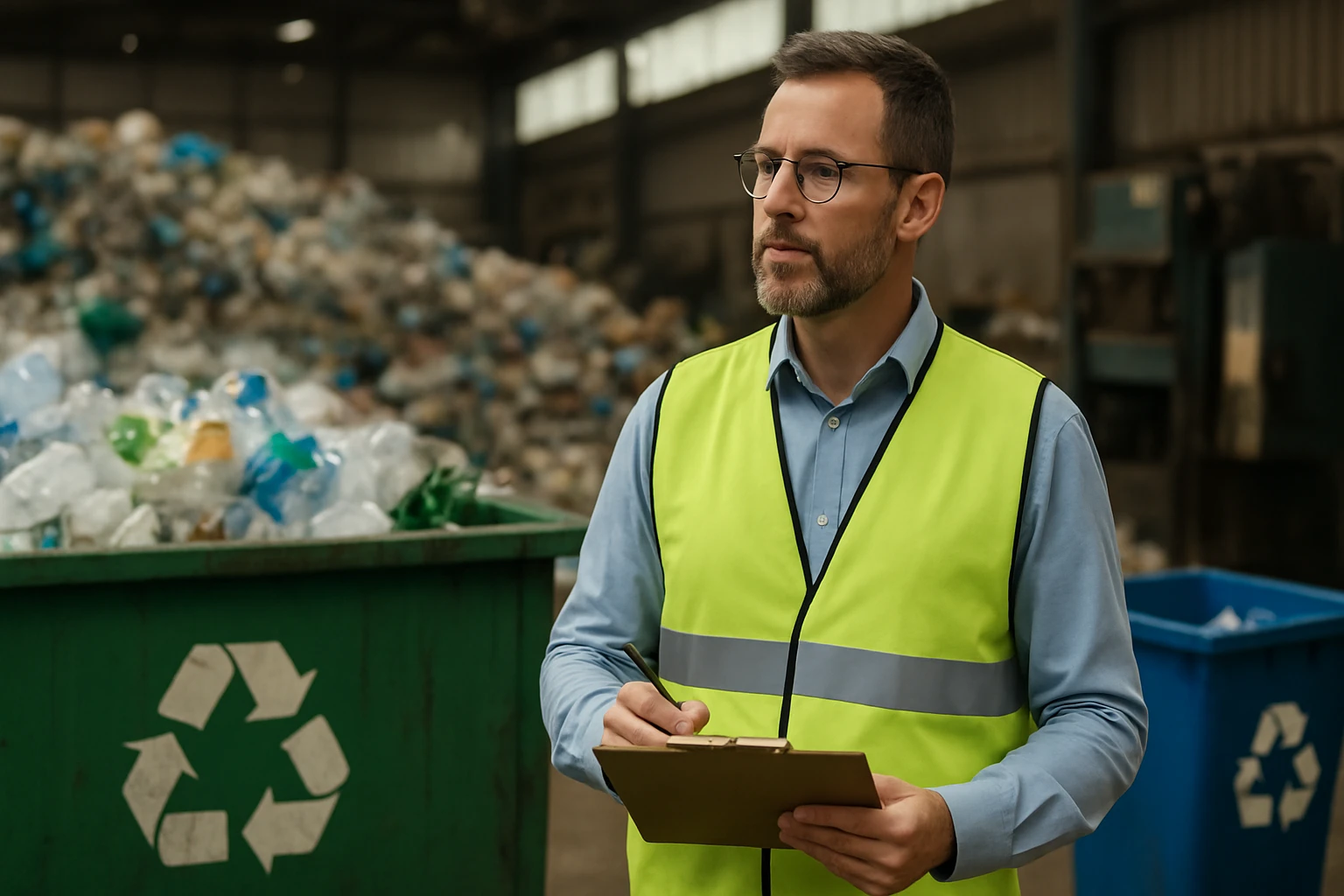 Ein Mann in einer Warnweste steht in einer Recyclinganlage und notiert etwas.