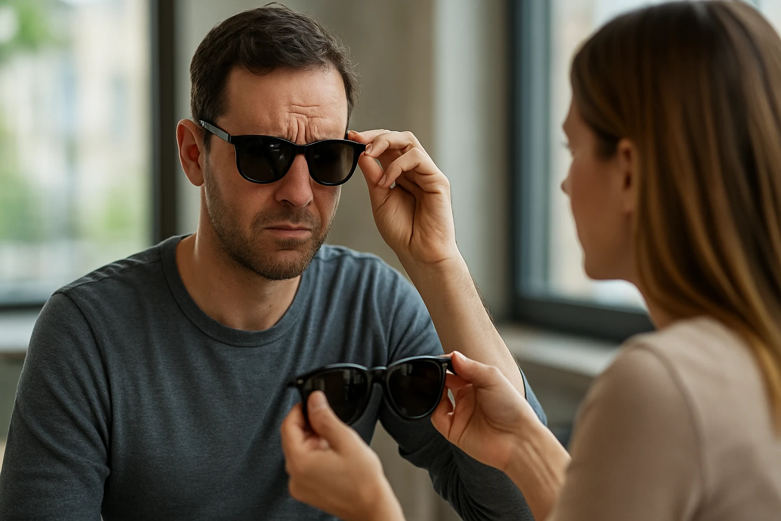 Eine Frau in einem Anzug geht energisch eine Treppe hinauf, während ein Mann am Tisch sitzt.