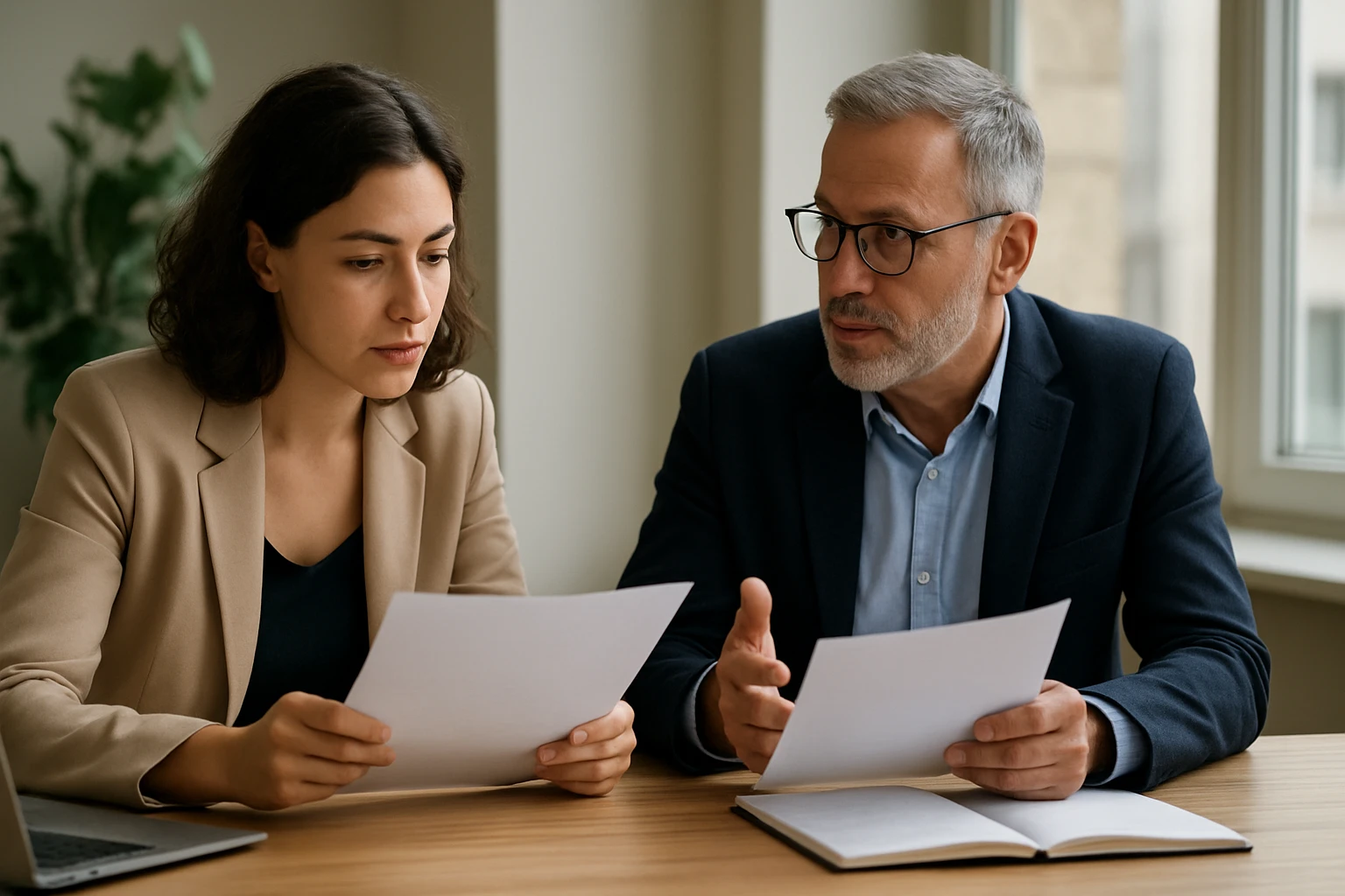 Eine Frau in einem Anzug geht energisch eine Treppe hinauf, während ein Mann am Tisch sitzt.