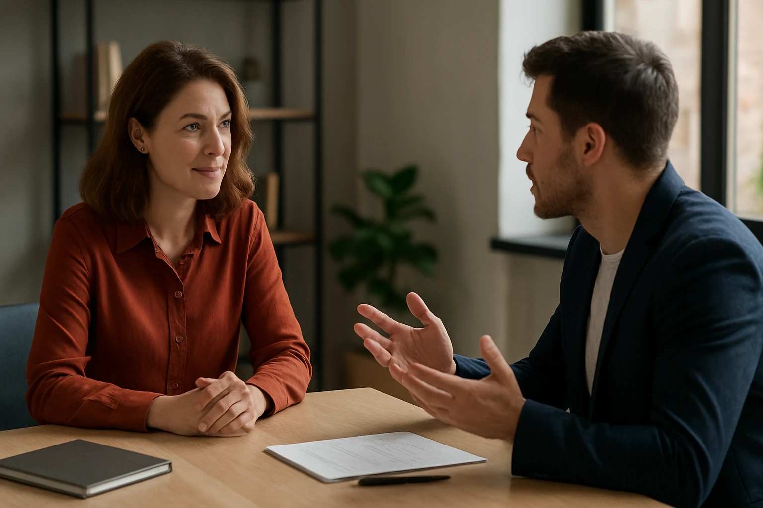 Eine Frau in einem Anzug geht energisch eine Treppe hinauf, während ein Mann am Tisch sitzt.