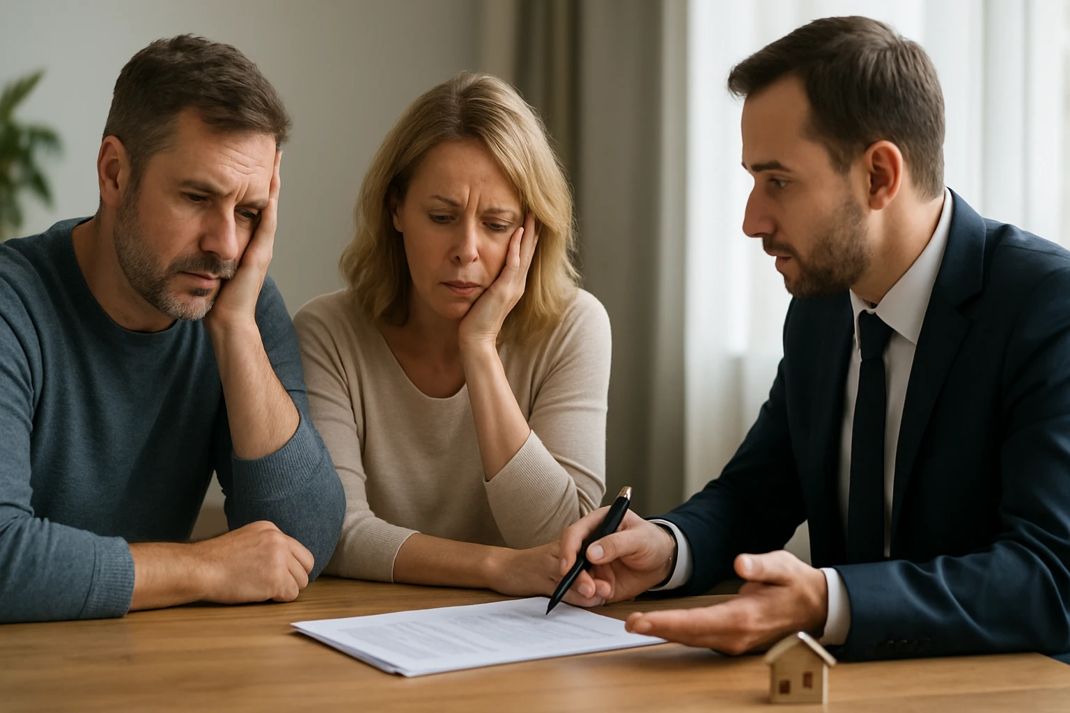 Eine Frau in einem Anzug geht energisch eine Treppe hinauf, während ein Mann am Tisch sitzt.