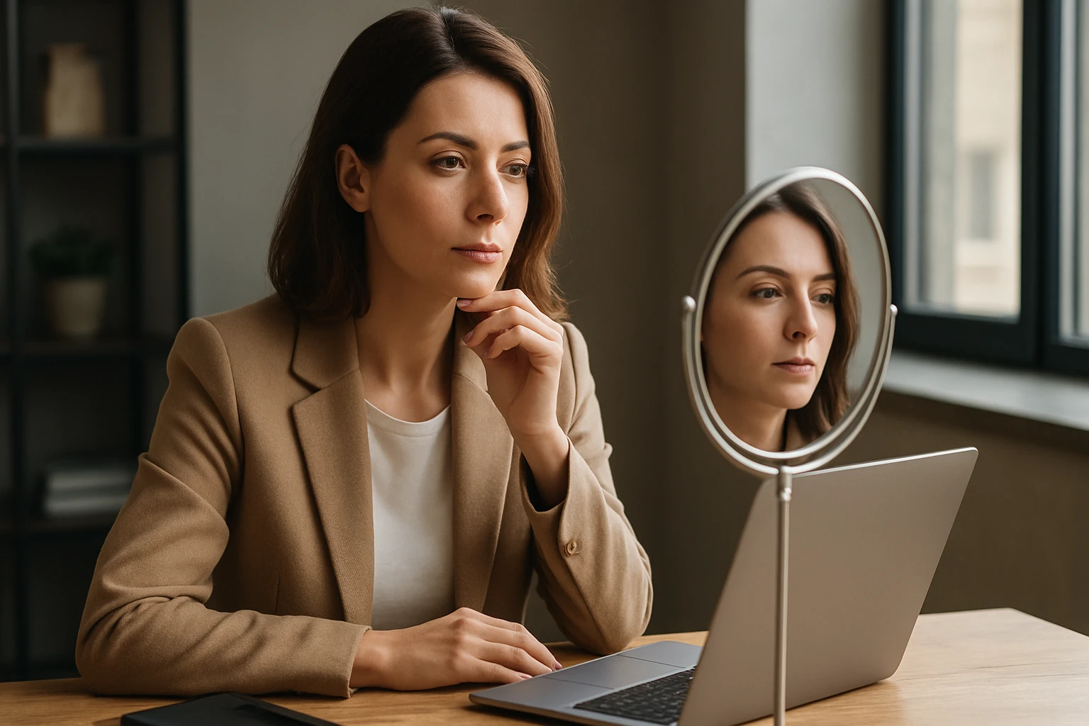 Eine Frau in einem Anzug geht energisch eine Treppe hinauf, während ein Mann am Tisch sitzt.
