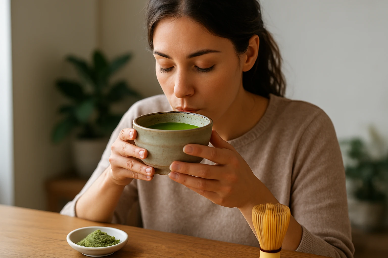 Eine Frau in einem Anzug geht energisch eine Treppe hinauf, während ein Mann am Tisch sitzt.