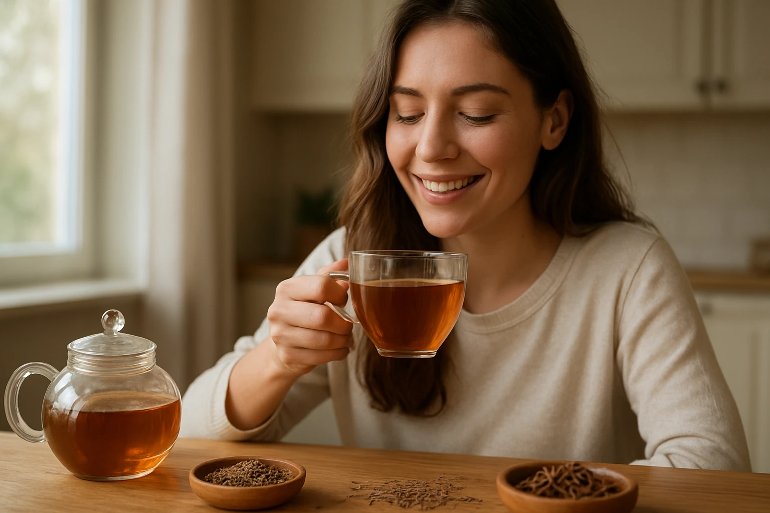 Eine Frau in einem Anzug geht energisch eine Treppe hinauf, während ein Mann am Tisch sitzt.