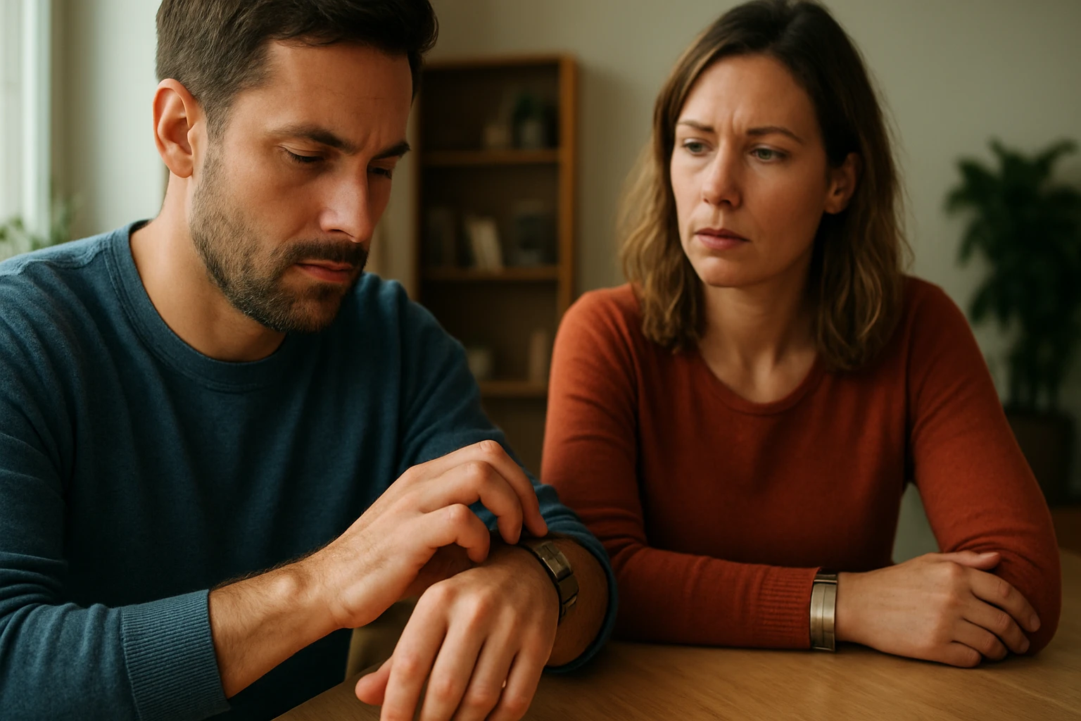 Eine Frau in einem Anzug geht energisch eine Treppe hinauf, während ein Mann am Tisch sitzt.