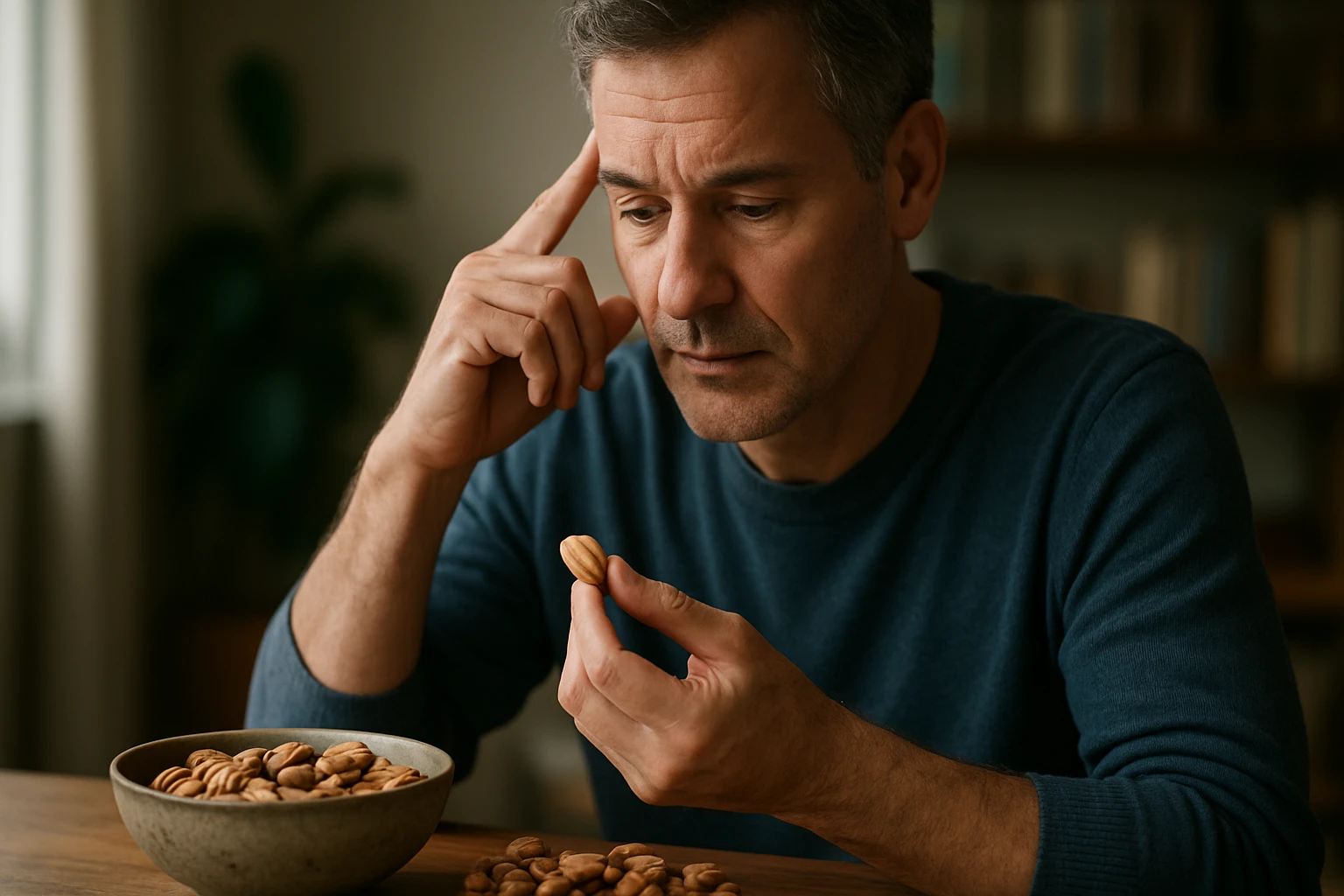 Eine Frau in einem Anzug geht energisch eine Treppe hinauf, während ein Mann am Tisch sitzt.